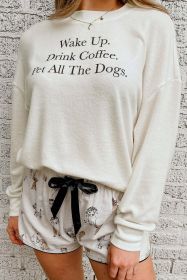 White Long Sleeve Letters Pullover and Animal Shorts Lounge Set (Color: White)