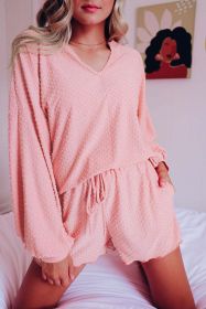 Pink Swiss Dot Split Neck Long Sleeve Top and Shorts Lounge Set (Color: Pink)