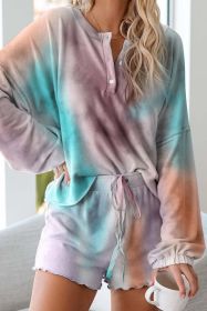 Multicolor Tie Dye Top & Drawstring Shorts Loungewear Set (Color: multicolor)