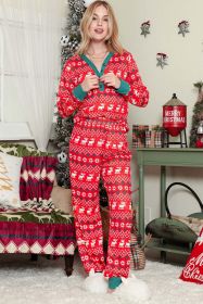 Red Christmas Print Henley Top & Pants Pajama Set (Color: Red)