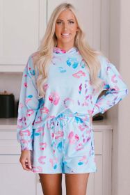 Sky Blue Leopard Print Hoodie and Shorts Set (Color: Sky Blue)