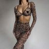 Summer Women Leopard Print Mesh Sexy See Through Shapewear Four Piece Set